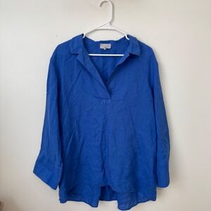 Hinson Wu Salina Blouse Lapis Linen Womens Size XL 3/4 Sleeves
